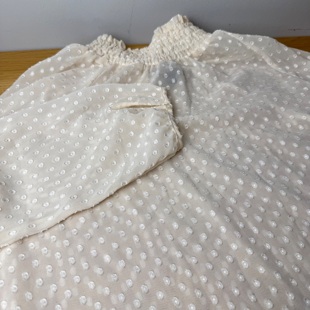 Mossimo Womens Blouse XL Cream Smocked High Neck Long Sleeve Regancycore Sheer